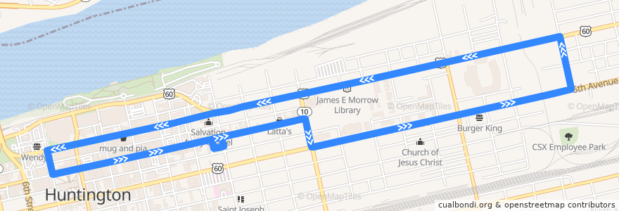 Mapa del recorrido Bus 10: Pullman Square -> TTA Center -> Marshall University -> MU Stadium de la línea  en Huntington.