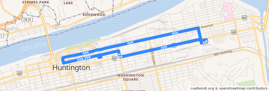 Mapa del recorrido Bus 10.1: Pullman Square -> TTA Center -> Marshall University -> Kroger -> MU Stadium de la línea  en Huntington.