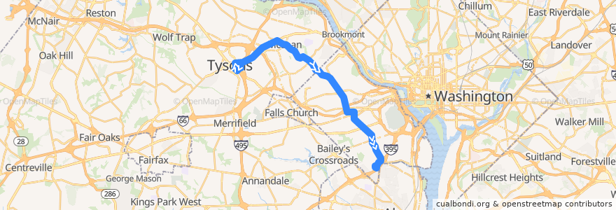 Mapa del recorrido WMATA 23T East McLean-Crystal City Line de la línea  en Virgínia.
