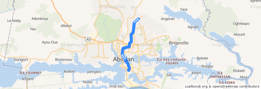 Mapa del recorrido bus 775 : Angré Château → CHU Treichville de la línea  en Abidjan.