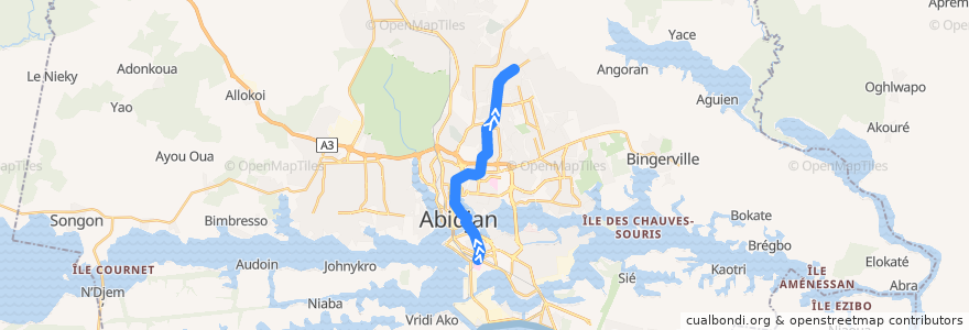 Mapa del recorrido bus 775 : CHU Treichville → Angré Château de la línea  en Abidjan.