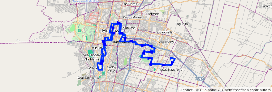 Mapa del recorrido 104 - Bº Unimev - Bº Bancario - Casa de Gob. de la línea G08 en メンドーサ州.