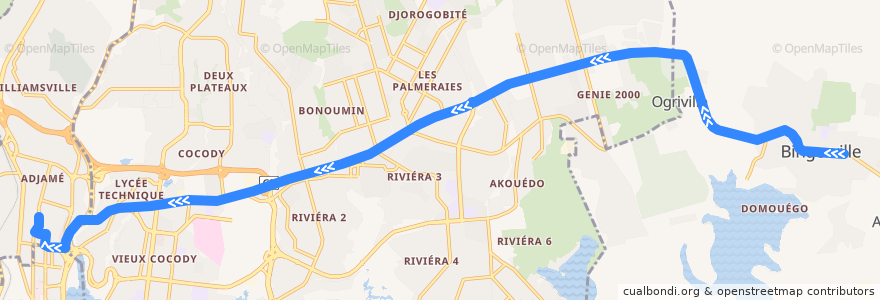 Mapa del recorrido gbaka : Bingerville → Adjamé gare en haut de la línea  en Abican.