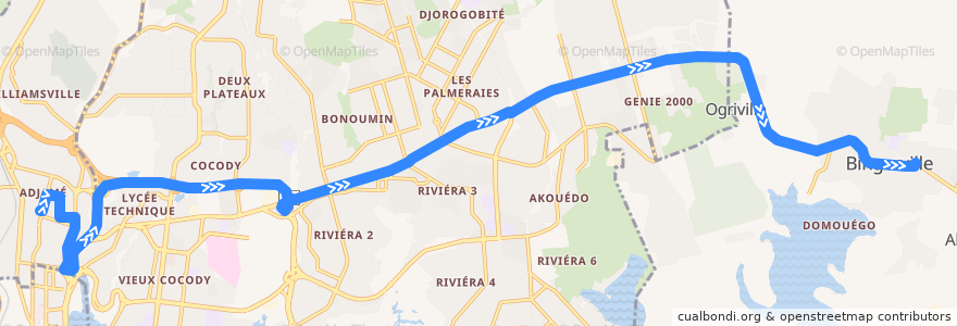 Mapa del recorrido gbaka : Adjamé gare en haut → Bingerville de la línea  en 阿比让 / 阿必尚.