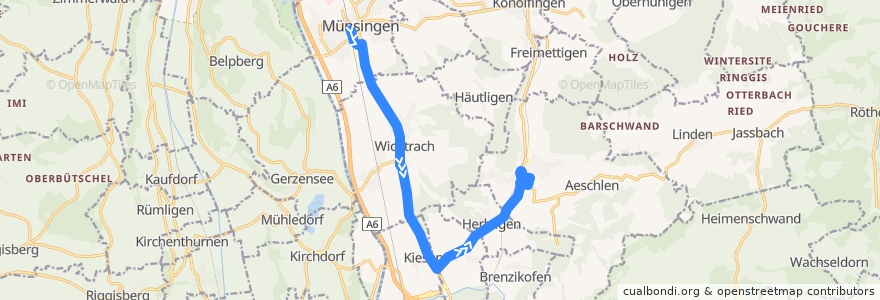 Mapa del recorrido Bus 167: Münsingen Bahnhof => Oberdiessbach, Bahnhof de la línea  en Verwaltungskreis Bern-Mittelland.