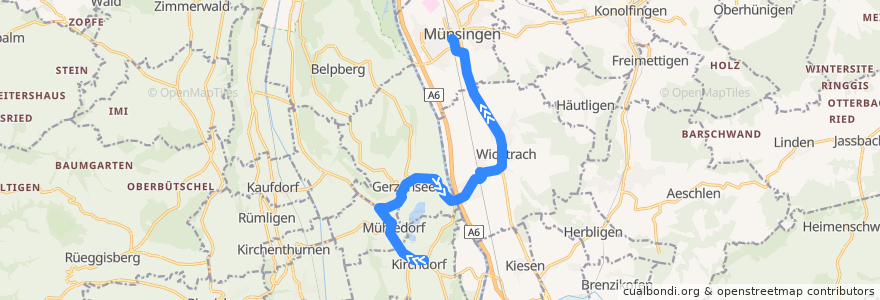 Mapa del recorrido Bus 165: Kirchdorf, Post => Münsingen Bahnhof de la línea  en Verwaltungskreis Bern-Mittelland.