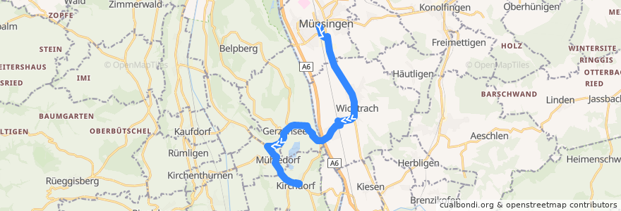 Mapa del recorrido Bus 165: Münsingen Bahnhof => Kirchdorf, Post de la línea  en Verwaltungskreis Bern-Mittelland.