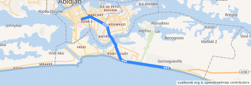 Mapa del recorrido gbaka : Port-Bouët Gonzagueville → Treichville Gare de Bassam de la línea  en Abiyán.