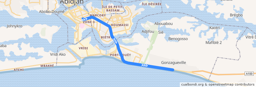 Mapa del recorrido gbaka : Treichville Gare de Bassam → Port-Bouët Gonzagueville de la línea  en 阿比让 / 阿必尚.