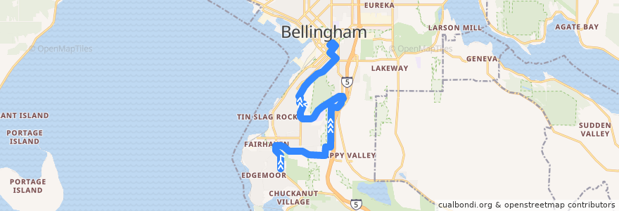 Mapa del recorrido 105 Downtown de la línea  en Беллингхэм.