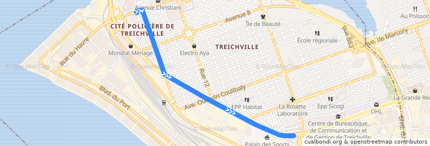 Mapa del recorrido woro woro : Treichville Gare Bateau-bus → Treichville Gare de Bassam de la línea  en Treichville.