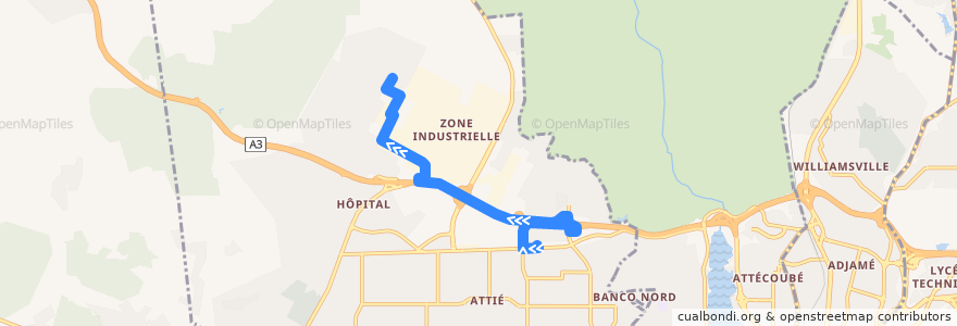 Mapa del recorrido woro woro : Yopougon Gabriel gare → Yopougon Micao de la línea  en Yopougon.