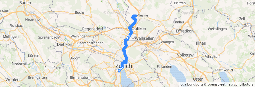 Mapa del recorrido Tram 10: Zürich, Bahnhof Enge → Zürich Flughafen, Fracht de la línea  en Zürich.