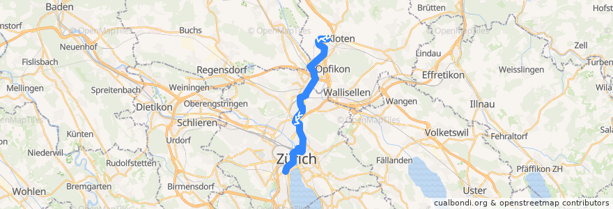 Mapa del recorrido Tram 10: Zürich Flughafen, Fracht → Zürich, Bahnhof Enge de la línea  en Zürich.