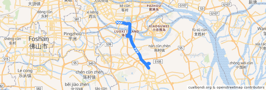 Mapa del recorrido 987路(海珠客运站总站-天安科技园总站) de la línea  en Canton.