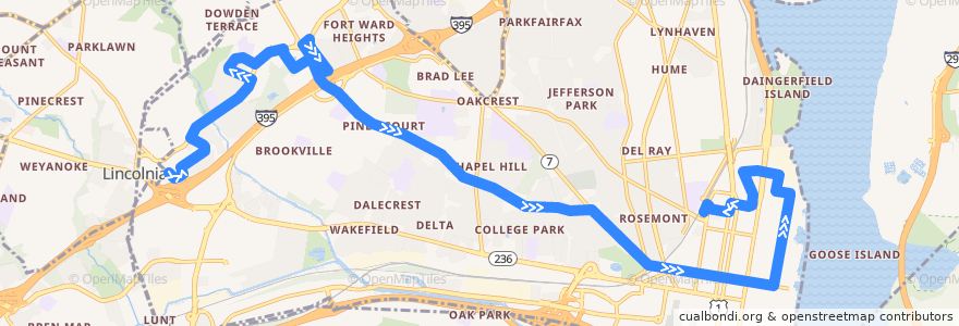 Mapa del recorrido DASH AT2 East de la línea  en Alexandria.