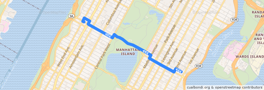 Mapa del recorrido Bus M96: East Side 1 Av → West Side West End Av de la línea  en Manhattan.