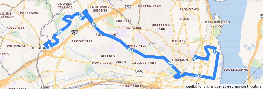 Mapa del recorrido DASH AT2 West de la línea  en Alexandria.