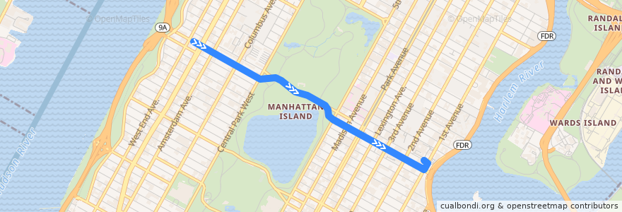 Mapa del recorrido Bus M96: West Side West End Ave → East Side 1 Av de la línea  en Manhattan.