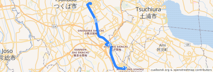 Mapa del recorrido 関東鉄道バス・JRバス ひたち野うしく駅⇒イオンモールつくば・二の宮中央⇒つくばセンター de la línea  en 茨城県.