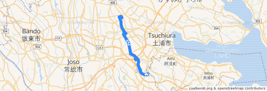 Mapa del recorrido 関東鉄道バス30A系統 ひたち野うしく駅⇒イオンモールつくば・つくばセンター⇒筑波大学中央 de la línea  en Ibaraki Prefecture.