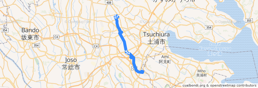 Mapa del recorrido 関東鉄道バス30A系統 筑波大学中央⇒つくばセンター・イオンモールつくば⇒ひたち野うしく駅 de la línea  en Prefectura de Ibaraki.