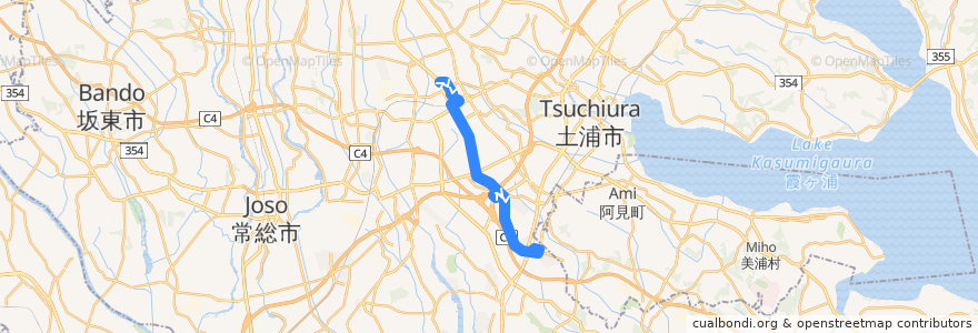 Mapa del recorrido 関東鉄道バス32A系統 筑波大学病院⇒つくばセンター・イオンモールつくば⇒ひたち野うしく駅 de la línea  en Ибараки.