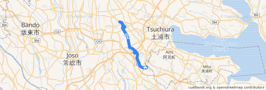 Mapa del recorrido 関東鉄道バス32A系統 ひたち野うしく駅⇒イオンモールつくば・つくばセンター⇒筑波大学病院 de la línea  en Präfektur Ibaraki.