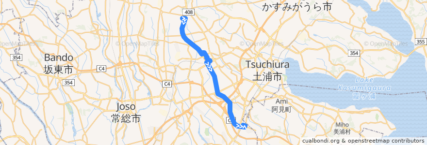 Mapa del recorrido 関東鉄道バス36系統 建築研究所⇒つくばセンター⇒(直行)⇒ひたち野うしく駅 de la línea  en Prefettura di Ibaraki.