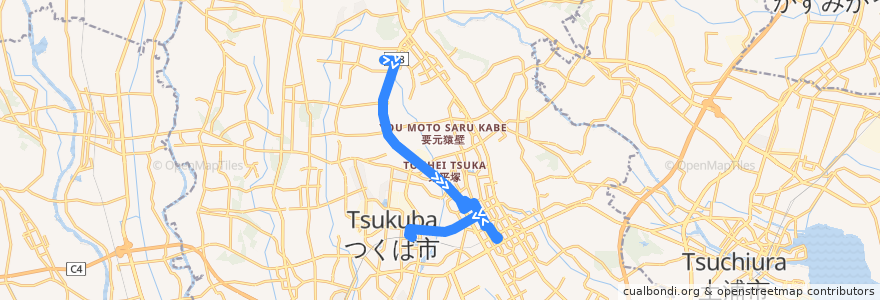 Mapa del recorrido 関東鉄道バスC6系統 建築研究所⇒つくばセンター⇒研究学園駅 de la línea  en つくば市.