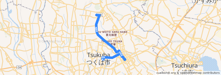 Mapa del recorrido 関東鉄道バスC6系統 研究学園駅⇒つくばセンター⇒建築研究所 de la línea  en つくば市.