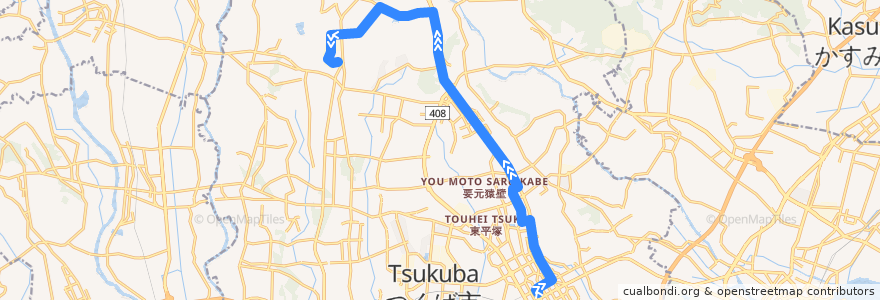 Mapa del recorrido 関東鉄道バスC8A系統 つくばセンター⇒天久保三丁目・高エネルギー⇒つくばテクノパーク大穂 de la línea  en つくば市.