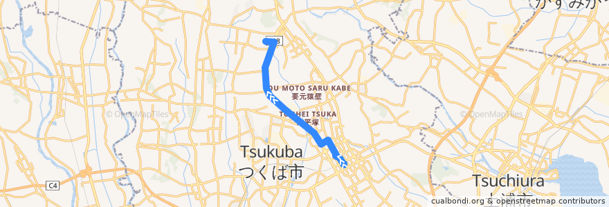 Mapa del recorrido 関東鉄道バスC6系統 つくばセンター⇒国土地理院⇒建築研究所 de la línea  en つくば市.