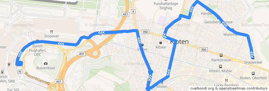 Mapa del recorrido Bus 733: Kloten, Graswinkel -> Zürich Flughafen, Bahnhof (Weg A) de la línea  en Kloten.