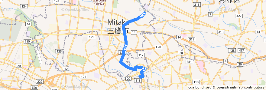 Mapa del recorrido Bus 仙01 三鷹台駅->仙川駅 de la línea  en Tokio.