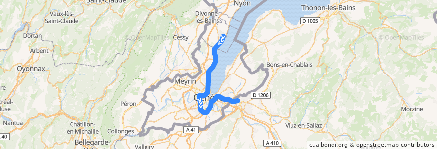 Mapa del recorrido Léman Express 4 : Coppet → Annemasse de la línea  en Cenevre.