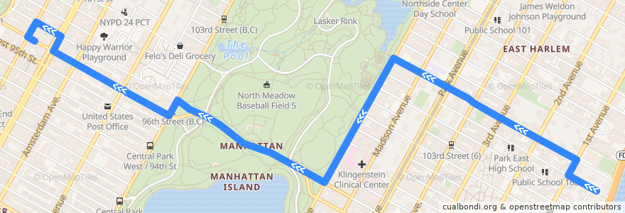 Mapa del recorrido Bus M106: East Harlem FDR Drive → West Side West End Av de la línea  en Manhattan.