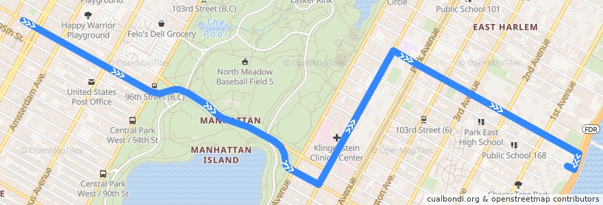 Mapa del recorrido Bus M106: West Side West End Av → East Harlem FDR Drive de la línea  en Manhattan.