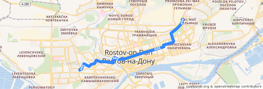 Mapa del recorrido Трамвай №10 "Сельмаш — пл.Мичурина" de la línea  en Rostov-on-Don.