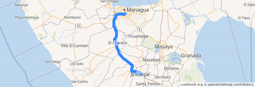 Mapa del recorrido Microbus Expreso: Jinotepe -> Managua de la línea  en Nicaragua.