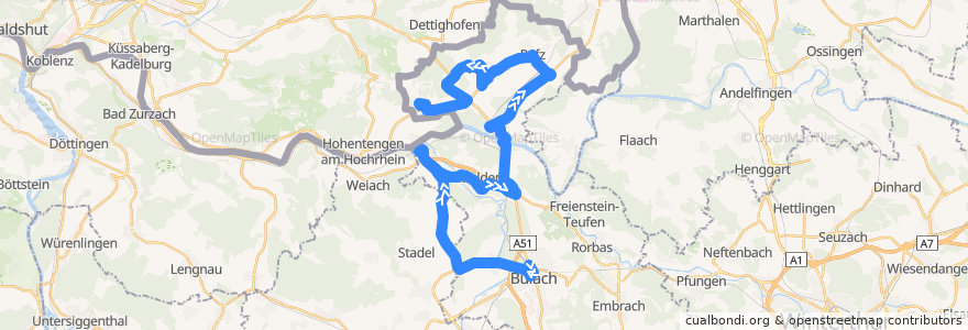 Mapa del recorrido Bus N53: Bülach, Bahnhof => Wasterkingen, Gemeindehaus de la línea  en Bezirk Bülach.