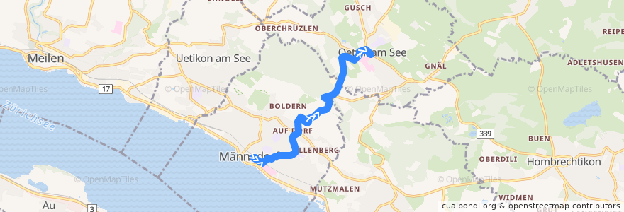 Mapa del recorrido Bus 940: Männedorf, Bahnhof => Oetwil am See, Zentrum de la línea  en Bezirk Meilen.