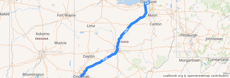 Mapa del recorrido Greyhound 1117: Cleveland, OH → Cincinnati, OH de la línea  en Ohio.
