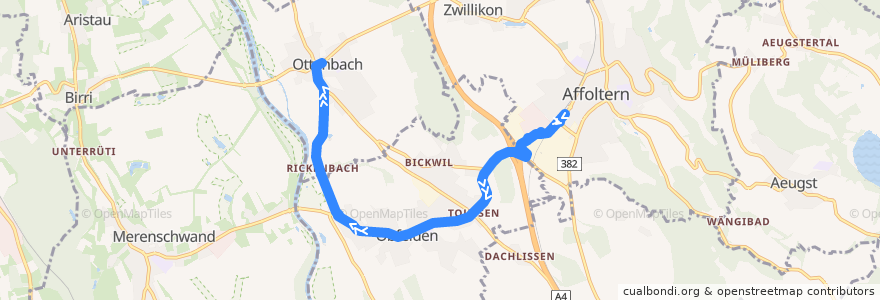 Mapa del recorrido Bus 212: Affoltern a.A., Bahnhof => Ottenbach, Engelwiese (Hauptweg) de la línea  en Bezirk Affoltern.