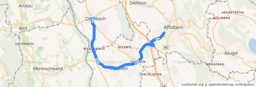 Mapa del recorrido Bus 212: Ottenbach, Engelwiese -> Affoltern a.A., Bahnhof (Hauptweg) de la línea  en Bezirk Affoltern.