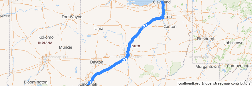 Mapa del recorrido Greyhound 4400: Cincinnati, OH → Cleveland, OH de la línea  en Огайо.