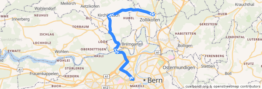 Mapa del recorrido Bus 106: Zollikofen Bahnhof -> Bern Hauptbahnhof de la línea  en Verwaltungskreis Bern-Mittelland.