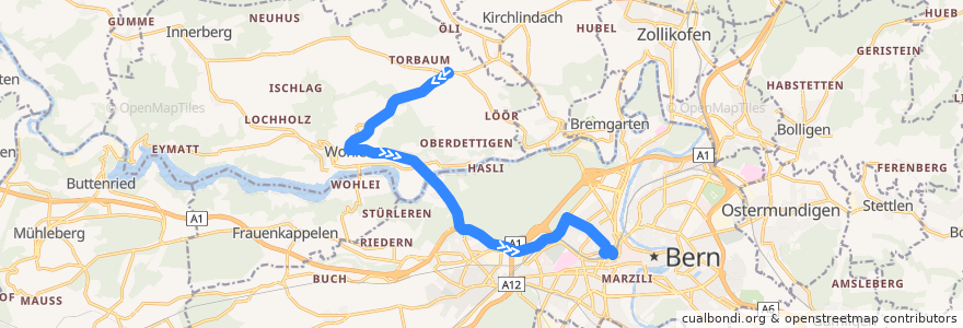 Mapa del recorrido Bus 107: Uettligen Dorf -> Bern Hauptbahnhof de la línea  en Verwaltungskreis Bern-Mittelland.