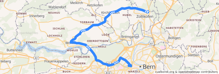 Mapa del recorrido Bus 107: Zollikofen Bahnhof -> Bern Hauptbahnhof de la línea  en Verwaltungskreis Bern-Mittelland.