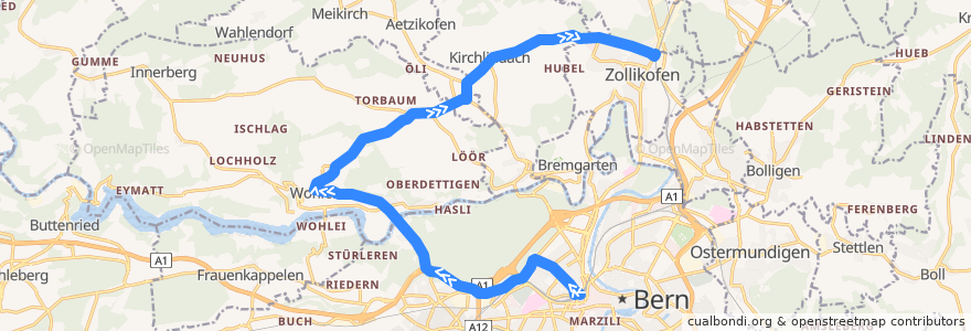 Mapa del recorrido Bus 107: Bern Hauptbahnhof -> Zollikofen Bahnhof de la línea  en Verwaltungskreis Bern-Mittelland.